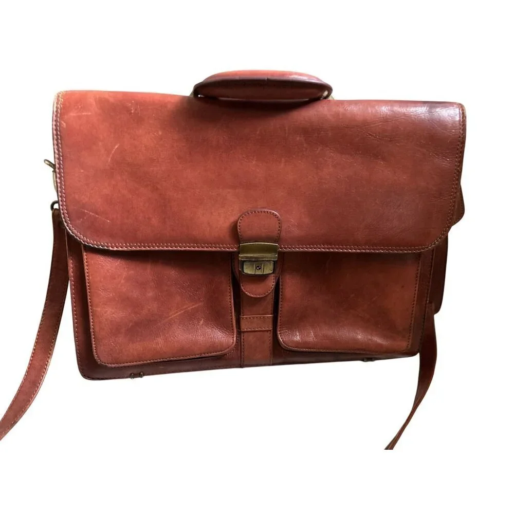 Vintage Orna Brown Leather Briefcase With Detachable Strap & Brass Hardware